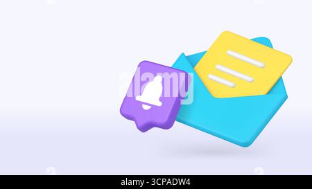 Open envelope with purple alert mark symbolizes new message, email communication, notification, and digital update signal. 3d realistic icon copy spac Stock Vector