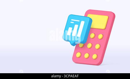 Colorful 3D icon of a pink calculator with yellow buttons and blue graph highlights calculation, analytics, and budgeting for web use. 3d realistic ic Stock Vector