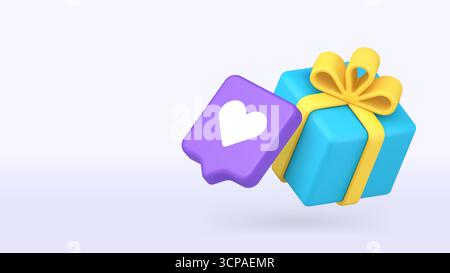 Blue gift box wrapped with a yellow ribbon combined with a purple favorites icon symbolizes sales, discounts, loyalty programs, and marketing campaign Stock Vector