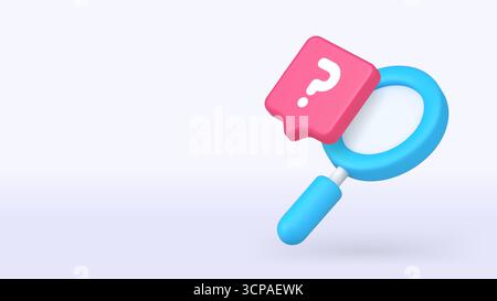 Pink question mark with a blue magnifying glass represents curiosity, learning, and research in digital content. 3d realistic icon copy space banner v Stock Vector