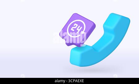 Colorful 3D icon with a blue phone and purple 24-hour symbol reflects constant availability, technical support, and customer assistance. 3d realistic Stock Vector
