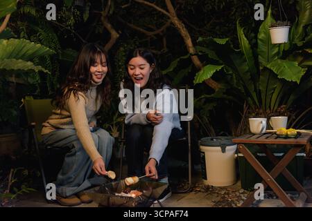 Winter camp outdoor friend people woman happy in forest, two women enjoy roasting marshmallows over Stock Photo