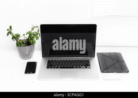 Minimalist workspace setup featuring laptop, tablet, smartphone, and potted plant Stock Photo