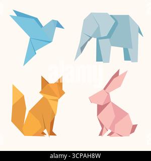 Charming origami animal collection for playful design projects, featuring a bird, elephant, fox, and rabbit in a modern, geometric style.Origami conce Stock Vector
