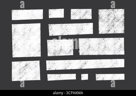 White crayon rectangular text box shapes for overlay designs - rough chalk texture with grainy surface on dark background. Stock Vector