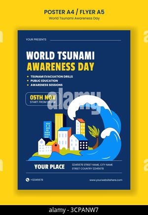 Flyer Design Illustration for World Tsunami Awareness Day with Flat Cartoon Templates Background Stock Vector