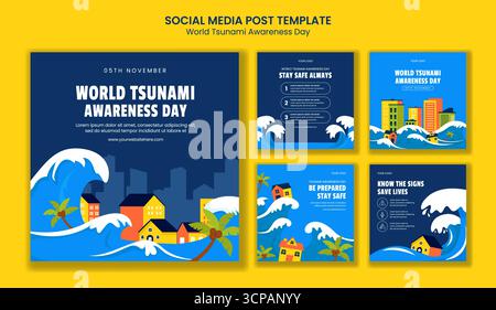 World Tsunami Awareness Day Social Media Post Flat Cartoon Templates Background Illustration Stock Vector