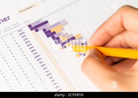 Detailed project planning visualization displayed in a chart with hand marking progress Stock Photo