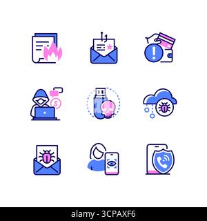 Computer attacks - colorful line design style icons Stock Vector