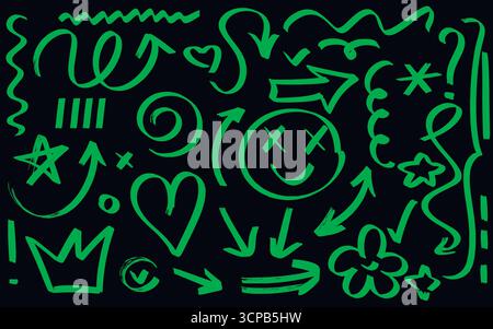 Hand drawn green acid-wash markers. Set of bright green neon marker strokes, arrows, crown, wave, star, heart, checkmark, and more. Brush drawings Stock Vector