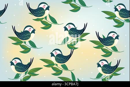 Singing Birds on Branches Illustration, cheerful birds perched on leafy branches, joyfully singing in harmony Stock Vector