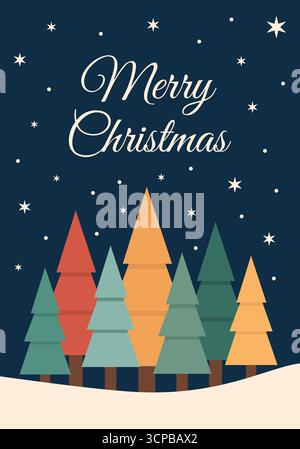 Flat pine trees under night sky convey cozy seasonal mood perfect for greetings posters and social media Stock Vector