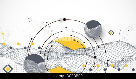 Abstract composition with wireframe wave, dots, and lines. Vector. Stock Vector