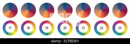 Circle  shape divided into colorful segments, version with 17 to 23 parts, can be used as infographics element Stock Vector