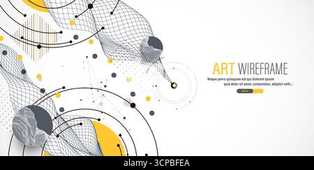 Abstract composition with wireframe wave, dots, and lines. Vector. Stock Vector