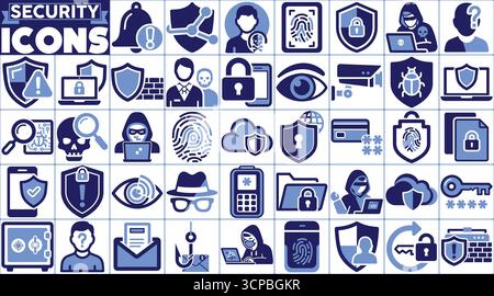 Security Icons Set - Cybersecurity, Privacy, Data Protection, Antivirus, Lock, and Hacker Symbols Collection Stock Vector