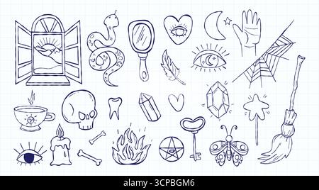 Outline Magic and Mysticism, Witch Doodles. Textured Hand Drawn Set. Mystical symbols, snake, mirror, eye, skull and occult elements. Isolated Vector Stock Vector