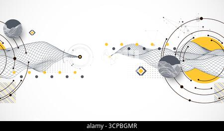 Abstract composition with wireframe wave, dots, and lines. Vector. Stock Vector