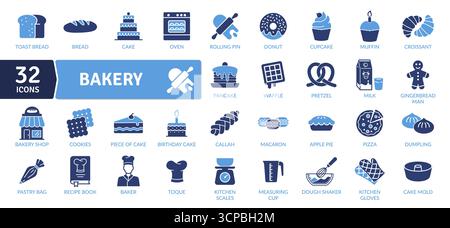Bakery and Pastry Flat Icons: A Collection of Sweet and Savory Delights. The clean, minimalist design is ideal for a fresh and contemporary look. Stock Vector