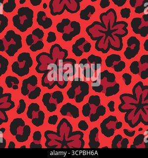 Leopard skin with flowers seamless pattern design. Animal print vector illustration background. Wildlife fur skin design illustration for web, home de Stock Vector