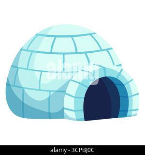 Cartoon illustration of traditional igloo with blue ice blocks and dark entrance symbol of arctic life Stock Vector