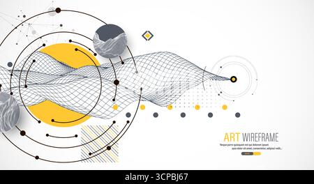 Abstract composition with wireframe wave, dots, and lines. Vector. Stock Vector