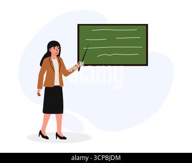 A woman stands in front of a chalkboard, using a pointer to highlight information. She wears a blazer and skirt, engaged in teaching or presenting. Th Stock Vector