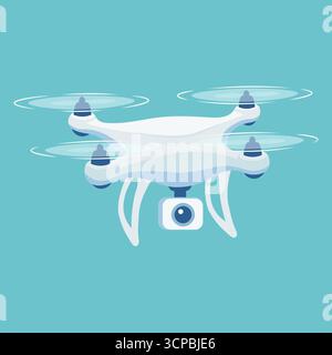 White quadcopter drone with propellers and mounted camera isolated on blue background Stock Vector