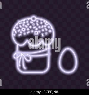 Easter Cake with Sprinkle and Ribbon Decor and Easter Egg Neon Glowing Effect In Trendy Lavender Set. Isolated Vector Illustration Easter Festive Themes Cards, posters, banner, leaflets, labels, price Stock Vector