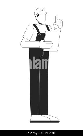 Faceless construction worker holding clipboard pointing up 2D cartoon ...