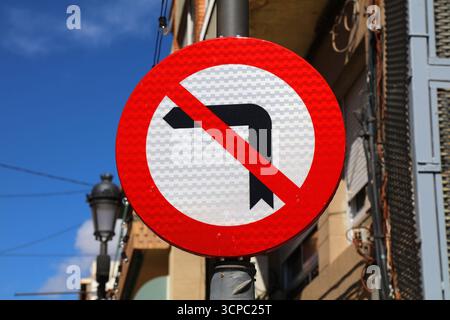 No left turn prohibitory sign. Road sign in Alicante, Spain. Stock Photo