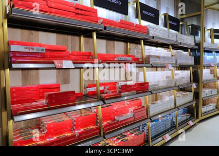 FUERTEVENTURA, SPAIN - DECEMBER 9, 2024: Cigarette carton prices in a duty  free shop in Fuerteventura Airport, Spain Stock Photo