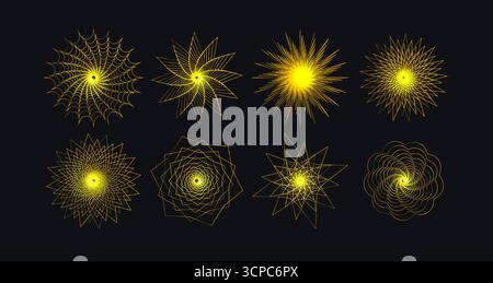 Abstract radial yellow logo set, linear sun icons like atomic explosion, nuclear reactor, energy blast for science, renewable energy, solar power Stock Vector