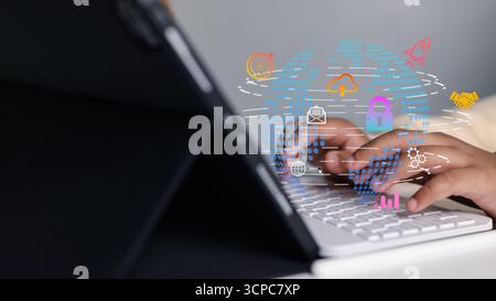 Digital transformation concept with global technology network, cloud computing, cybersecurity, data analytics, online business innovation, and secure Stock Photo