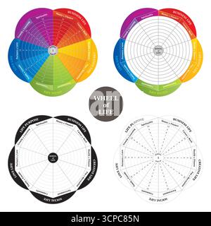 Set of 4 Diagrams - Wheel of Life - Coaching Tool Vector - English Stock Vector