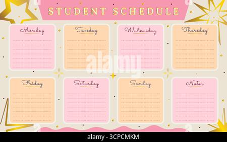 Vector student schedule template in pink, gold and orange colors. Timetable for learners, elegant luxury design, premium weekly lesson planner Stock Vector