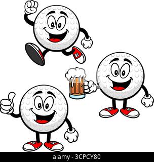 Golf Ball Set 03, Hand Drawn illustrations of Golf Ball Mascots in various poses. Stock Vector