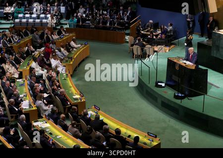 New York, USA. 23rd Sep, 2025. NEW YORK, NEW YORK - SEPTEMBER 23: Donald Trump, President of the United States of America, delivers remarks during the general debate of the 80th session of the United Nations General Assembly at UN Headquarters on September 23, 2025. World leaders gathered to present national priorities, address pressing global issues, and outline visions for international cooperation during the high-level debate. (Photo: Giada Papini Rampelotto/EuropaNewswire/Sipa USA) Credit: Sipa USA/Alamy Live News Stock Photo