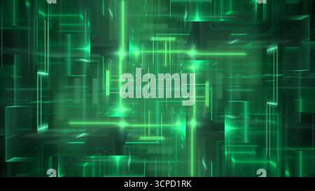 Bright green digital background features intricate patterns and glowing lines, creating a futuristic and technological atmosphere. visual effect is me Stock Photo