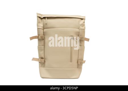 Beige roll-top backpack displayed on a white background. The front view shows a sleek, minimalist design with side buckles and a vertical zipper pocke Stock Photo