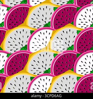Colourful pitaya dragonfruit slices seamless tropical pattern vector illustration Stock Vector