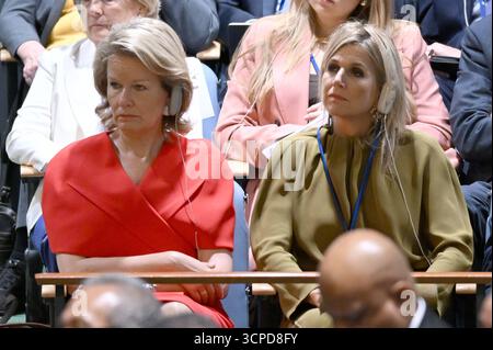 New York, USA. 23rd Sep, 2025. Queen Mathilde of Belgium and Queen Maxima of the Netherlands listen as US President Donald Trump addresses the 80th session of the United Nations General Assembly during the week of the 80th session of the United Nations General Assembly (UNGA80), in New York City, United States of America, Thursday 25 September 2025. BELGA PHOTO TONY BEHAR Credit: Belga News Agency/Alamy Live News Stock Photo