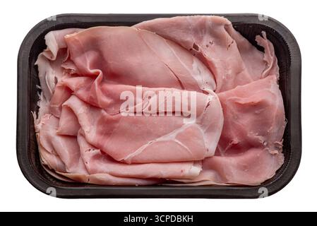 Slices of ham on a black plastic tray top view isolated on white with clipping path included Stock Photo