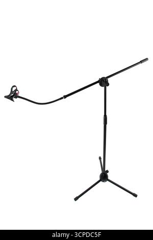 Black microphone stand with an extended boom arm and a universal phone clip. Stock Photo