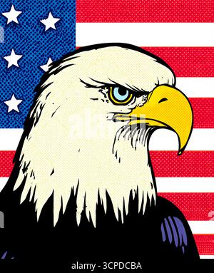 Patriotic eagle portrait over American flag in pop art style. Stock Photo