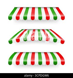 Shop sunshade. Realistic striped cafe awning. Outdoor market tent. Roof canopy in Italian flag colors. Summer street store. Vector illustration Stock Vector