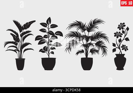 Set of different House Plants in pot set. Collection of indoor potted decorative houseplants for interior home, office decoration Silhouettes Stock Vector