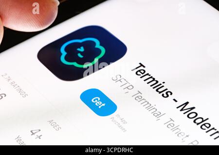Termius SSH client on iPad with Apples new Liquid Glass updated app design iOS 26 developer utility listing in App Store. Stafford, United Kingdom, Se Stock Photo