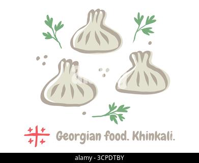 Vector illustration of Georgian food of khinkali in doodle style. Khinkali, food of Georgia. Stock Vector