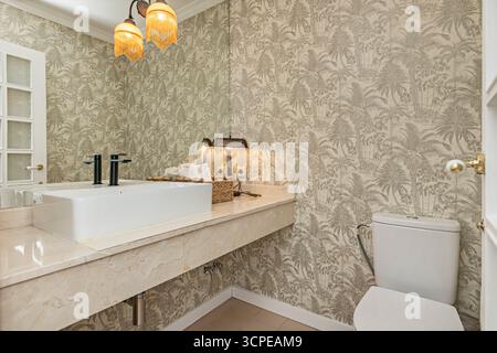 Master bathroom with a double quartz vanity, smart vanishing mirrors, and a floor-to-ceiling built-in wardrobe Stock Photo